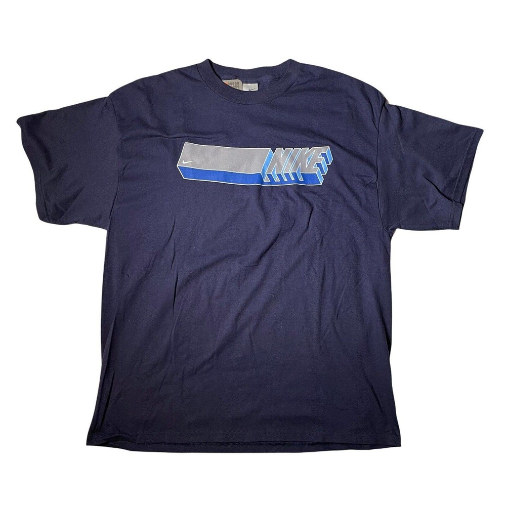 Vintage Y2K Nike Block‎ Letters Tshirt Gray Tag USA Made Mens Large Blue